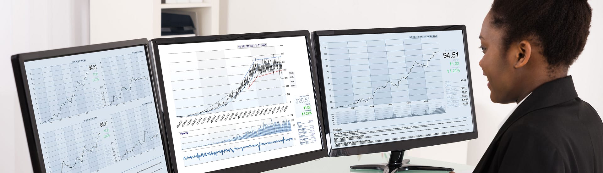 Person working at computer with 3 monitors Person working at computer with 3 monitors